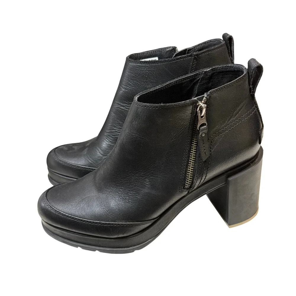 Sorel 9.5 Blake Bootie Black Leather Block Heel Zip Ankle Waterproof Moto Rocker